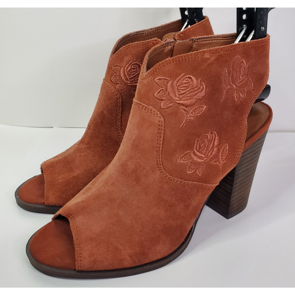 Lucky Brand Women's S 9M Listana Suede Embroidered Peep Toe Burnt Orange Booties - Picture 5 of 13